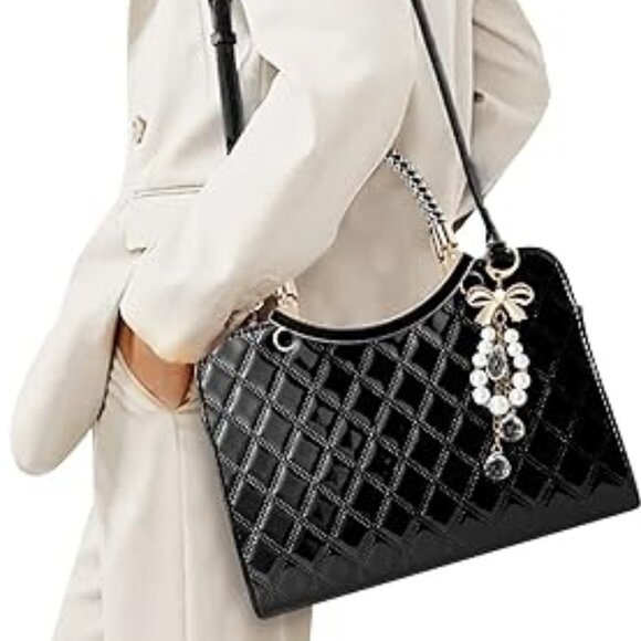 Neiman Marcus Shiny Faux Black Leather Diamond Pattern Top Handle Purse - Picture 2 of 5